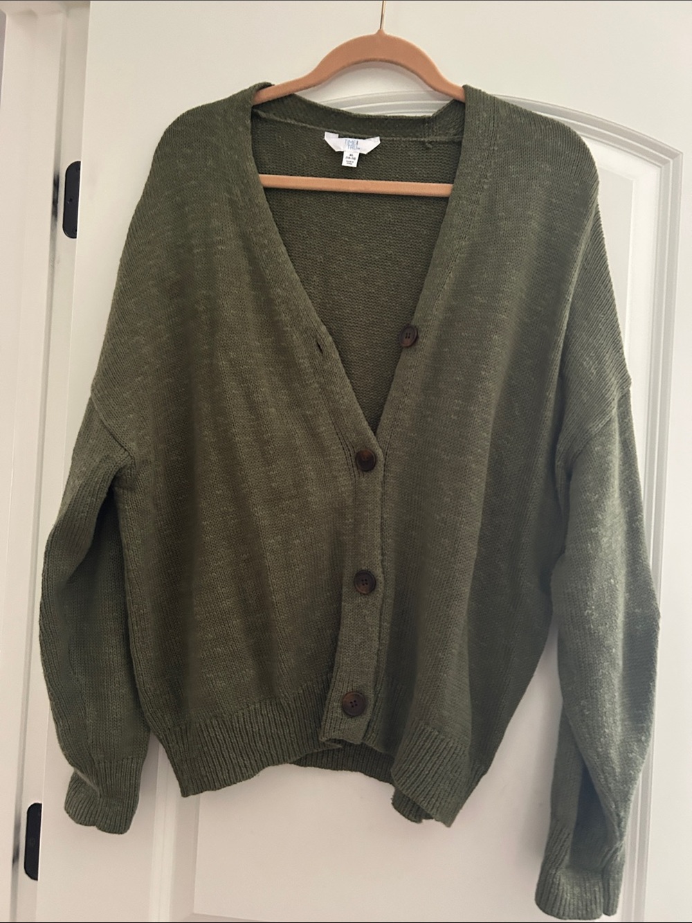 Time and Tru Olive Button-Front V-Neck Cardigan